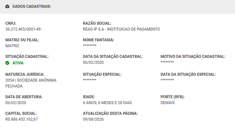 Dados cadastrais da REAG IP S.A. - Instituição de Pagamento, CNPJ 36.272.465/0001-49